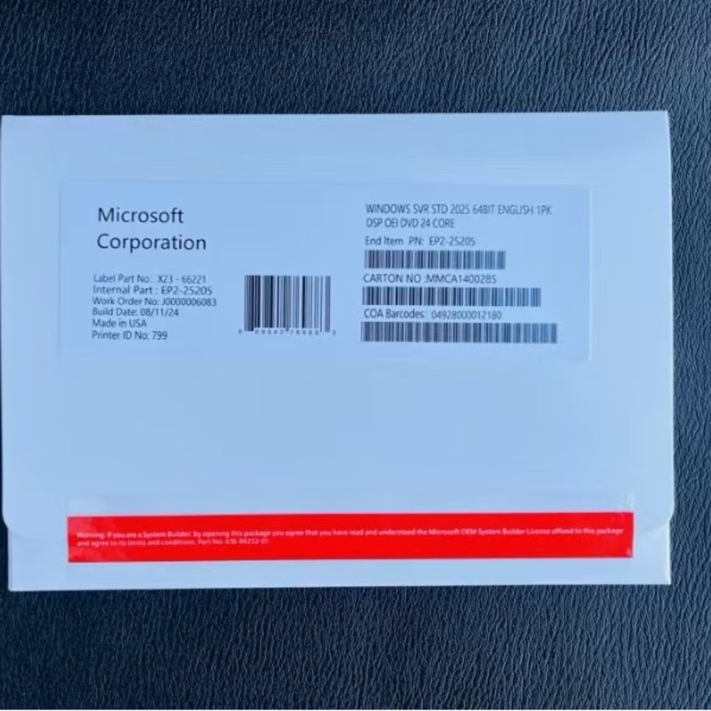 Microsoft Windows Server 2025 Standard 64Bit 24 Core 50 CALs DVD With Key Sealed